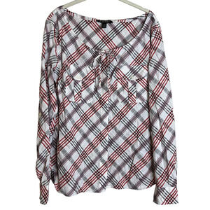 Lauren Ralph Lauren Womens Blouse Large White Plaid Tie Neck Long Sleeve Boxy